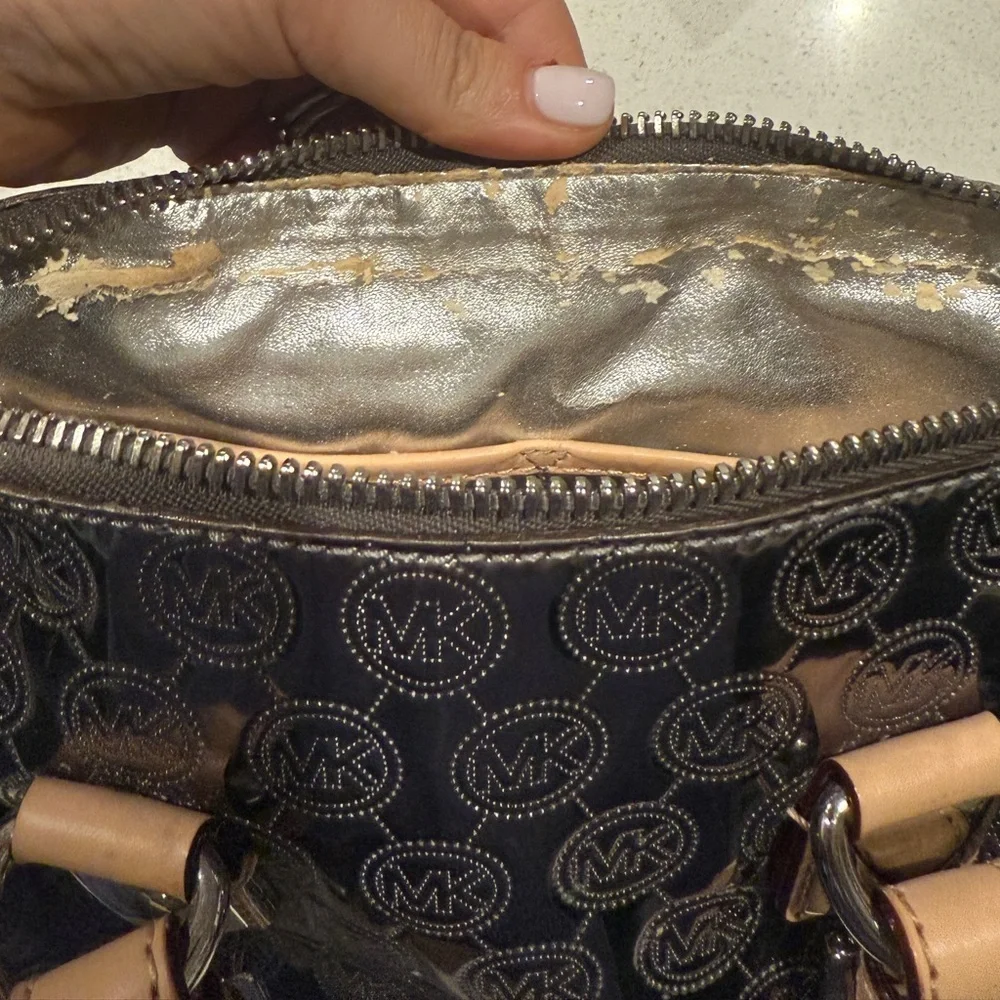 Michael Kors Shiny Silver and Tan Satchel